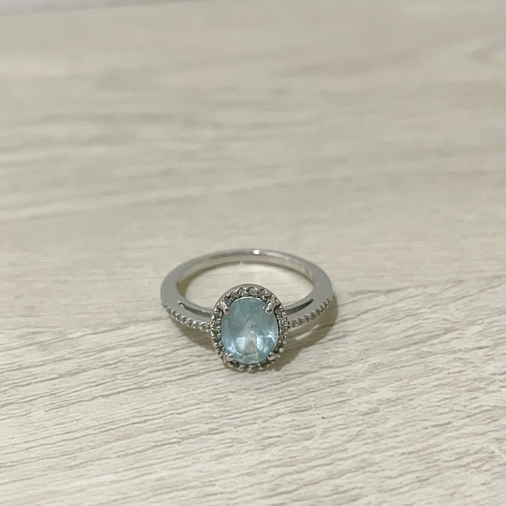 Aquamarine and Diamonds Halo Ring - Size 7 White Gold